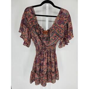 Pink and Silver Womens Free Size Mini Dress Paisley Print Boho Silky Satin